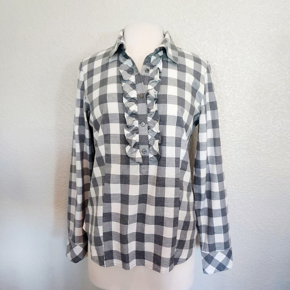 Talbots Black & White Check Button Down w/Ruffle Size 10